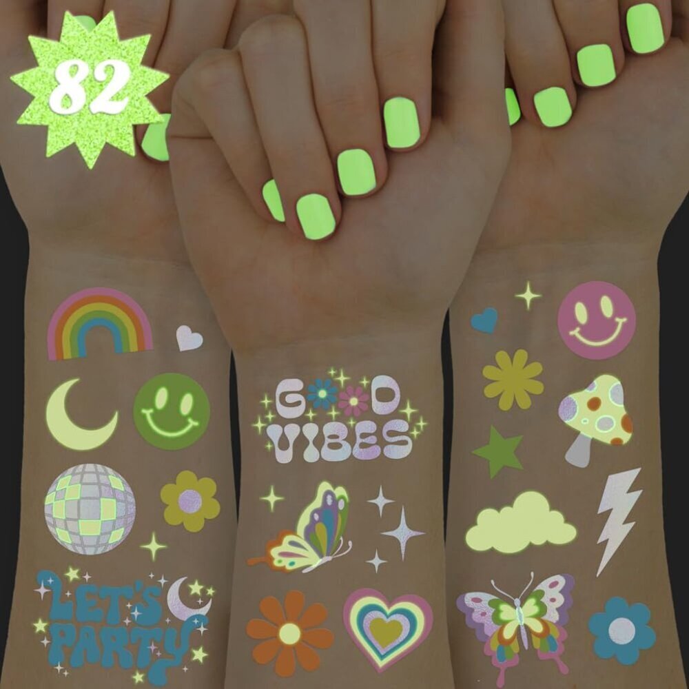 Groovy Disco Glow in Dark + Foil Temporary Tattoos - 82 pc | Flower Power Birthd